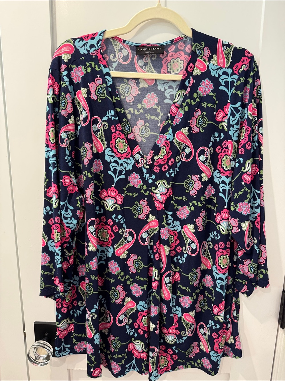 Lane Bryant Navy Floral-Paisley Blouse with Pink & Light Blue Accents